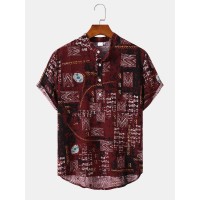 Mens Vintage Spliced Print Half Buttons Collar Short Sleeve Shirts