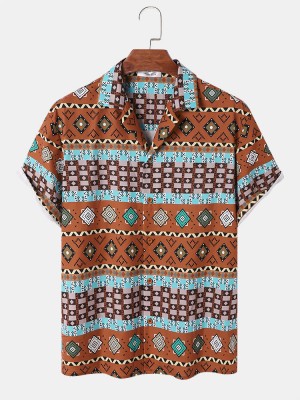 Mens Vintage Geometric Print Revere Collar Short Sleeve Shirts