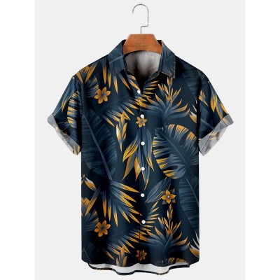 Men's Hawaiian Leaf Print Lapel Short Sleeve Shirt