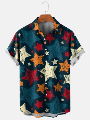 Men's Hawaiian Patriotic Colorful Stars Short Sleeve Shirt