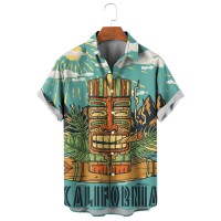 Men's Casual Vacation Tiki Mask Surf Picture Print Short Sleeve Shirt