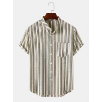 Mens Vertical Stripe Stand Collar Cotton Short Sleeve Shirts